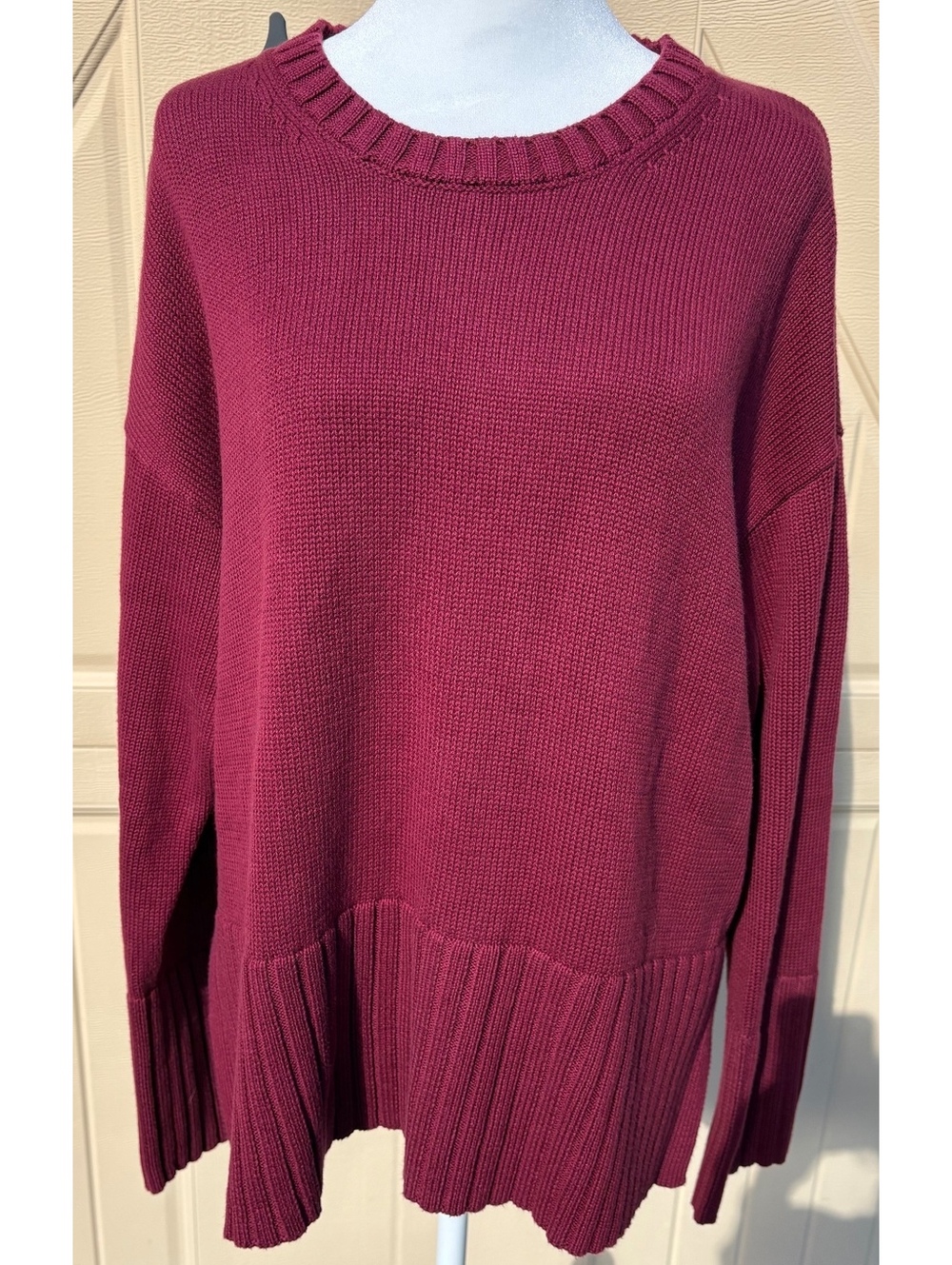 GAP Women's Burgundy Cotton Knit Sweater with Ribbed Hem and Side Slits Size M